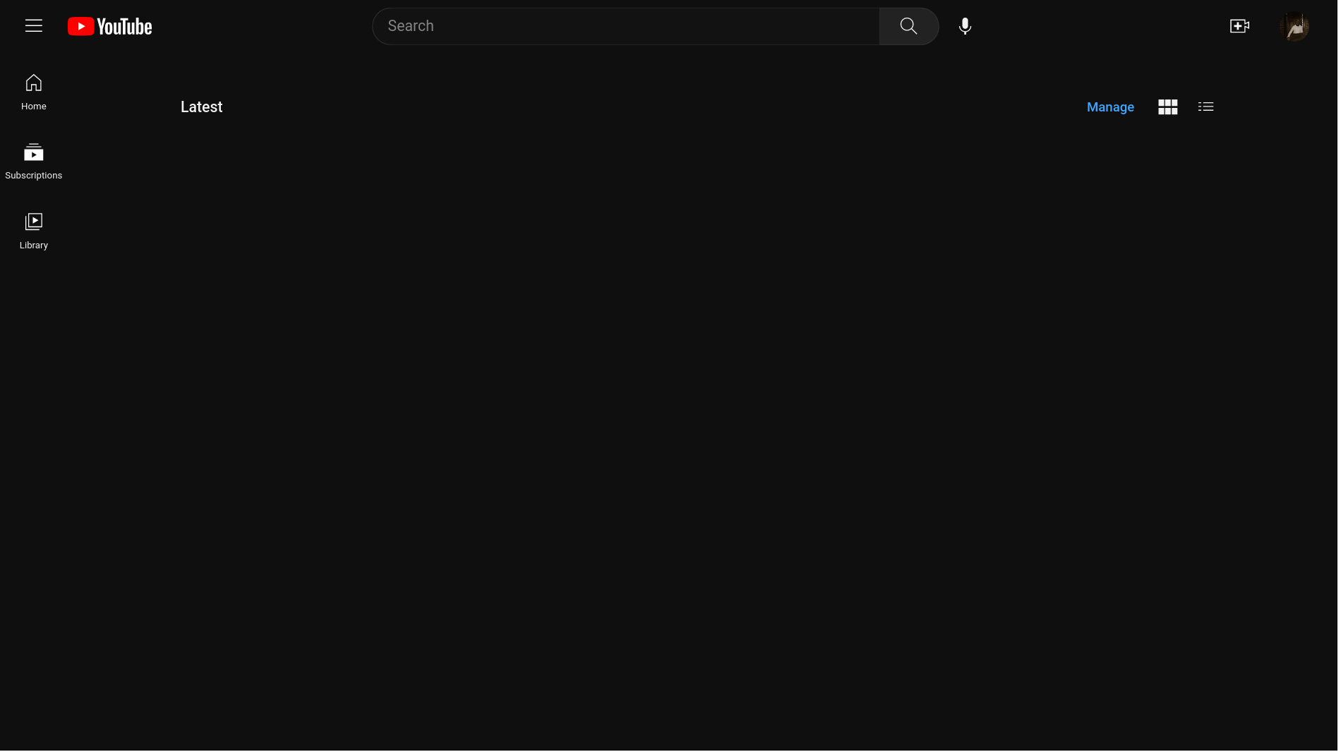 An empty YouTube subscriptions feed. The page is empty except for a "Latest" header and some buttons.